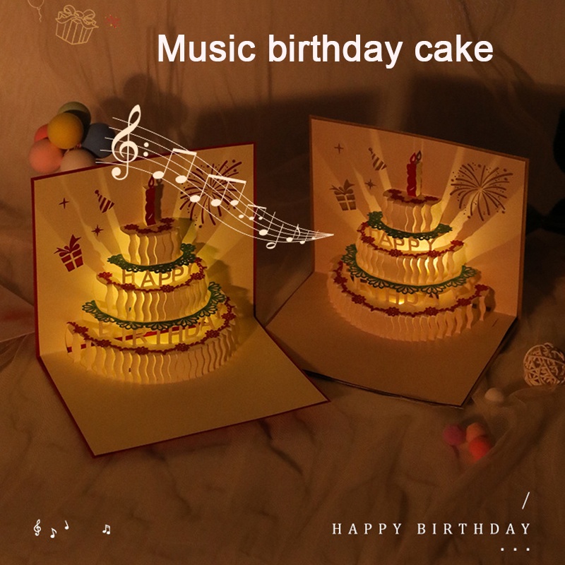 Music Birthday Card Pop Up 3D Cake Musical Light Greeting Card (Include Music Light And No Music Light) Creative Birthday Party Gift Message Card