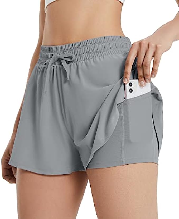 BALEAF Women's Athletic Running Shorts with Phone Pockets 2 in 1 Wokrout Shorts