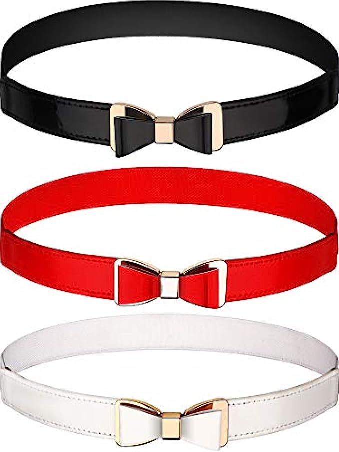 3 Pieces Women Skinny Waist Belt Thin Stretchy Bow Belt for Dress, 3 Colors (Set 1)