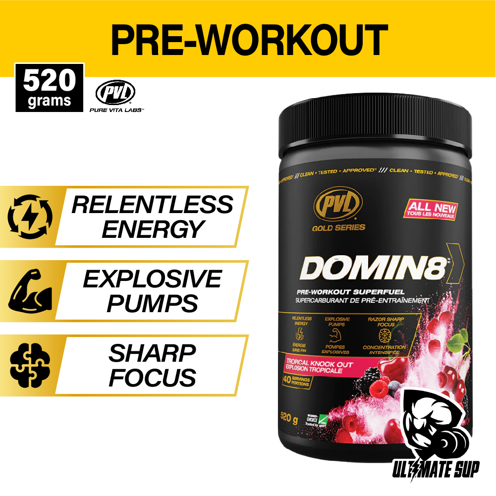 PVL Gold Series Domin8, Pre Workout, L-Citrulline, Boost Energy, Enhance Performance, Increase Strength &amp; Power, 520g