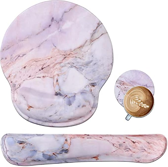 iLeadon Mouse Pad with Wrist Support Keyboard Wrist Rest Set, Ergonomic Mouse Pad with Non-Slip Base for Computer Laptop Home Office + Coasters, Easy Typing &amp; Pain Relief Mouse Mat, Colorful Marbl