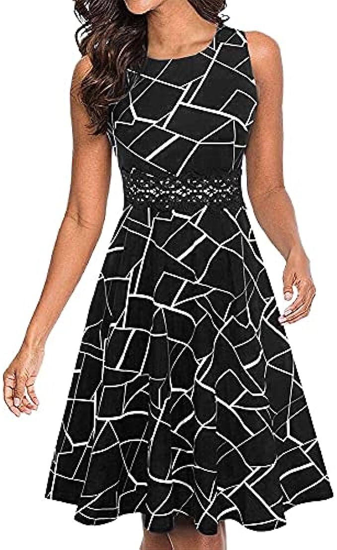 OWIN Women's Vintage Floral Lace Flared A-Line Swing Casual Party Cocktail Dresses Sleeveless